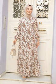 Modest Brown Floral Dress 15728KH - 1