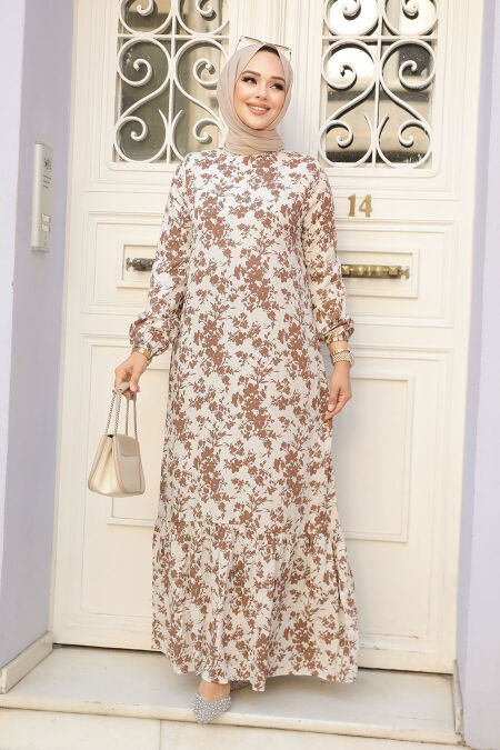 Modest Brown Floral Dress 15728KH - NEVA STYLE