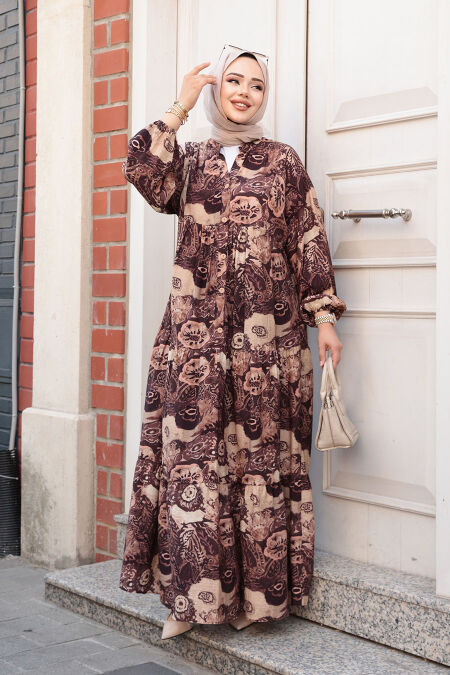 Modest Brown Floral Dress 19037KH - NEVA STYLE