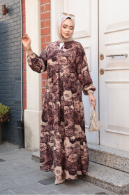 Modest Brown Floral Dress 19037KH - 2