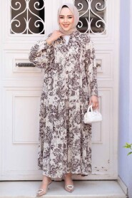 Modest Brown Floral Long Dress 52941KH - 2