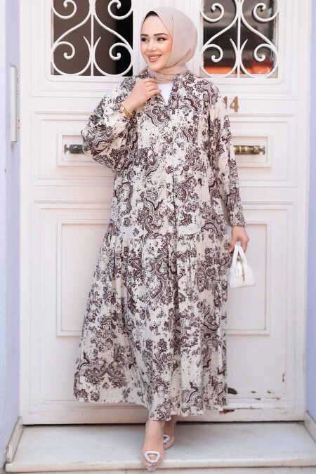 Modest Brown Floral Long Dress 52941KH - NEVA STYLE