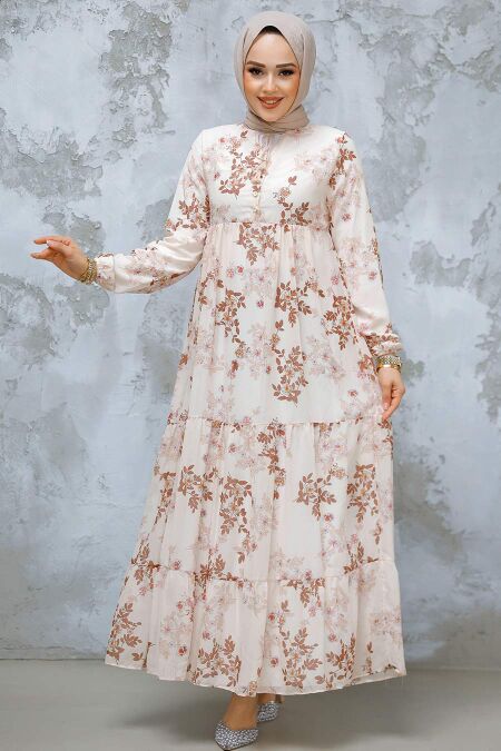 Modest Brown Floral Maxi Dress 22054KH - NEVA STYLE