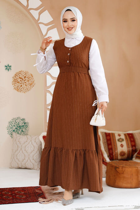 Modest Brown Gilet Dress 70501KH - NEVA STYLE