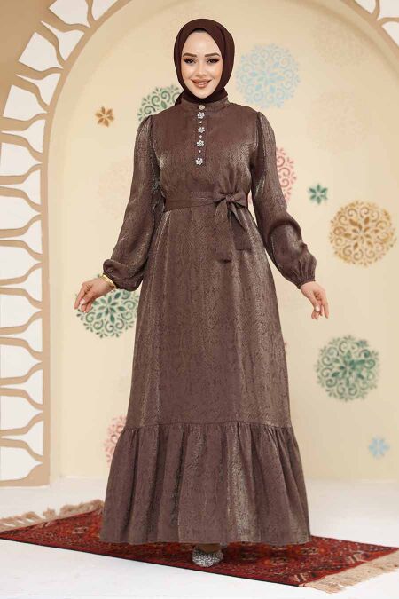 Modest Brown Jacquard Dress 23891KH - NEVA STYLE