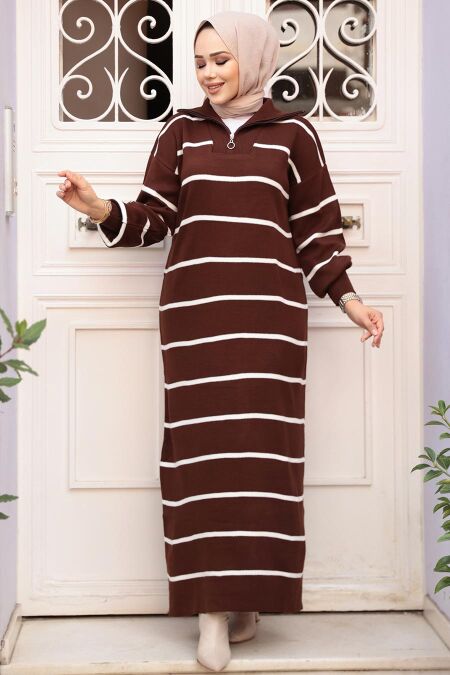 Modest Brown Knitwear Dress 17206KH - NEVA STYLE