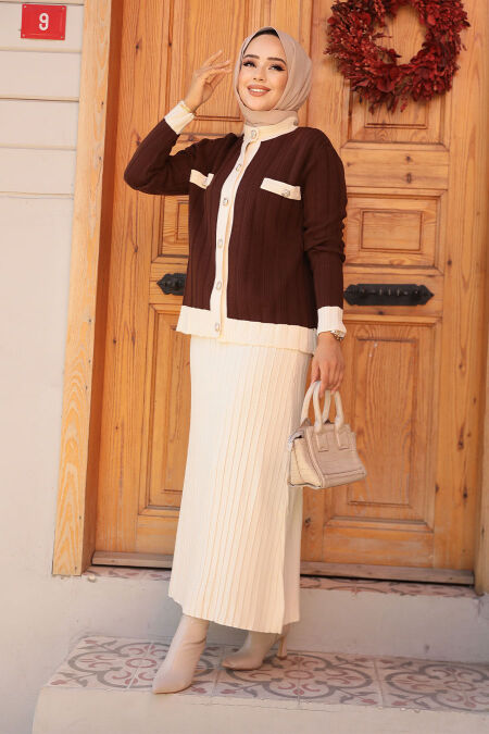 Modest Brown Knitwear Dual Skirt Suit 24196KH - NEVA STYLE