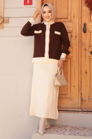 Modest Brown Knitwear Dual Skirt Suit 24196KH - 2