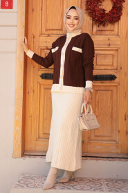 Modest Brown Knitwear Dual Skirt Suit 24196KH - 3