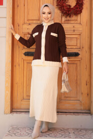 Modest Brown Knitwear Dual Skirt Suit 24196KH - 4