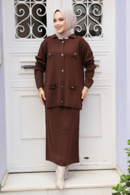 Modest Brown Knitwear Dual Skirted Suit 50590KH - 1