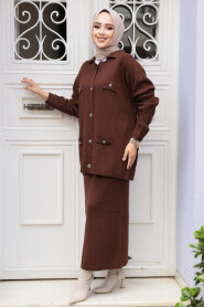 Modest Brown Knitwear Dual Skirted Suit 50590KH - 2