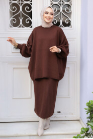 Modest Brown Knitwear Skirted Dual Suit 70071KH - 1