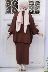 Modest Brown Knitwear Skirted Dual Suit 70071KH - 4