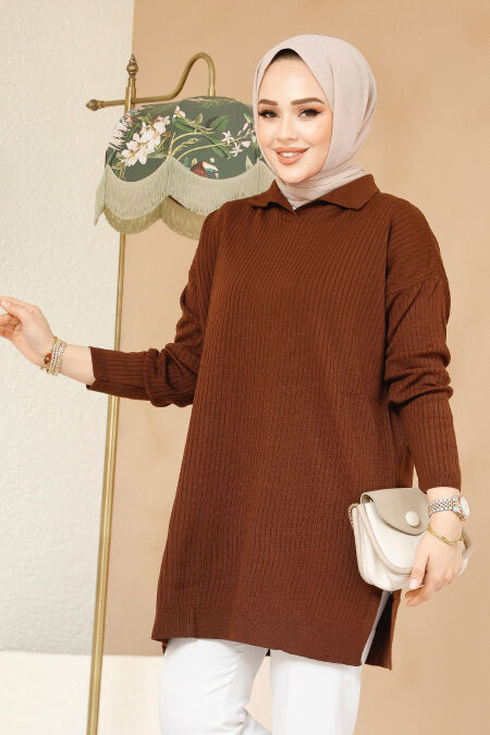 Modest Brown Knitwear Tunic 65903KH - NEVA STYLE