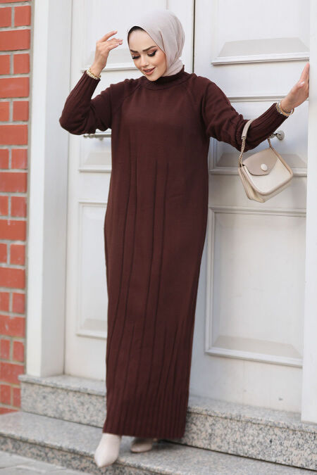Modest Brown Long Knitwear Dress 31230KH - NEVA STYLE