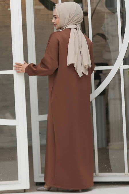 light brown long sleeve dress Asymmetric Draped Mock Neck Midi Dress main image 1