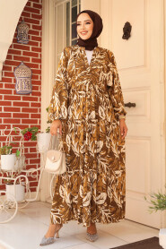 Modest Brown Patterned Long Dress 23581KH - 1