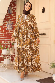 Modest Brown Patterned Long Dress 23581KH - 2