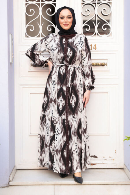 Modest Brown Patterned Long Dress 23923KH - NEVA STYLE