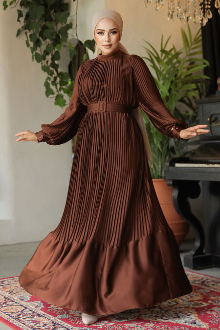 Modest Brown Pleated Maxi Dress 43532KH - NEVA STYLE