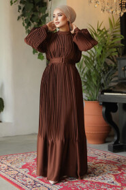 Modest Brown Pleated Maxi Dress 43532KH - 2