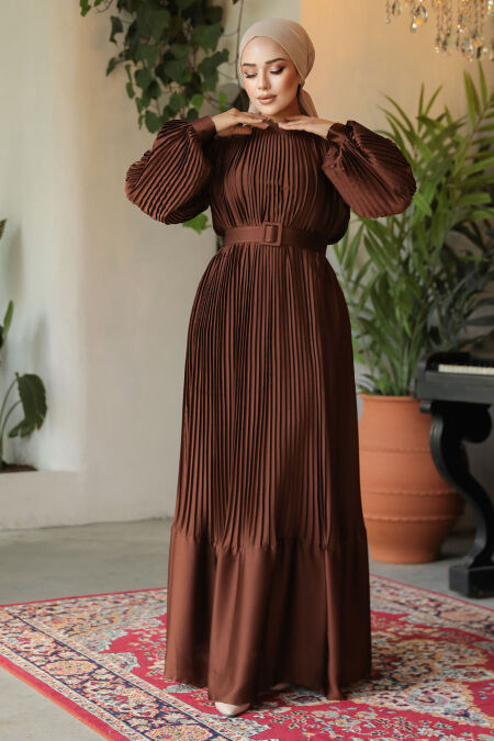 Modest Brown Pleated Maxi Dress 43532KH - Neva-style.com Modest Brown Pleated Maxi Dress 43532KH - Neva-style.com
