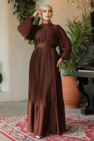 Modest Brown Pleated Maxi Dress 43532KH - 4