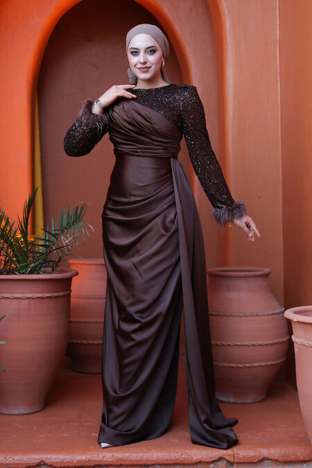 Modest Brown Satin Engagement Dress 52151KH - NEVA STYLE