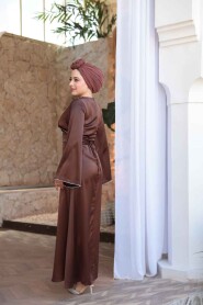Modest Brown Satin Engagement Dress 61592KH - 5