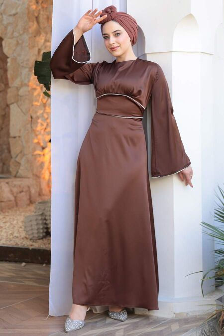 Modest Brown Satin Engagement Dress 61592KH - NEVA STYLE