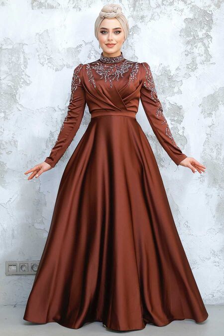 Modest Brown Satin Evening Dress 4433KH - NEVA STYLE