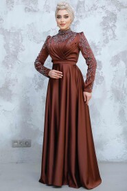 Modest Brown Satin Evening Dress 4433KH - 3