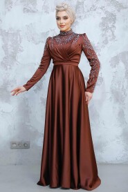 Modest Brown Satin Evening Dress 4433KH - 2