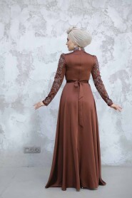 Modest Brown Satin Evening Dress 4433KH - 4