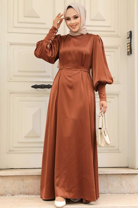 Modest Brown Satin Evening Dress 61031KH - NEVA STYLE