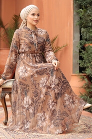 Modest Camel Chiffon Floral Dresses 50355C - 1