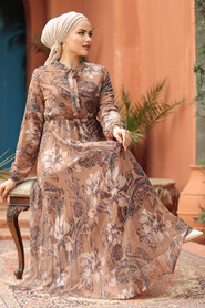 Modest Camel Chiffon Floral Dresses 50355C - 2