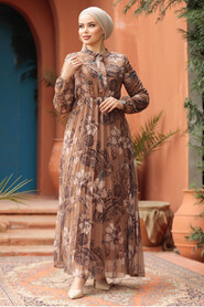 Modest Camel Chiffon Floral Dresses 50355C - 3