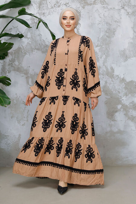 Modest Camel Floral Dress 25491C - NEVA STYLE