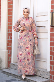 Modest Camel Floral Dress 27987C - 2