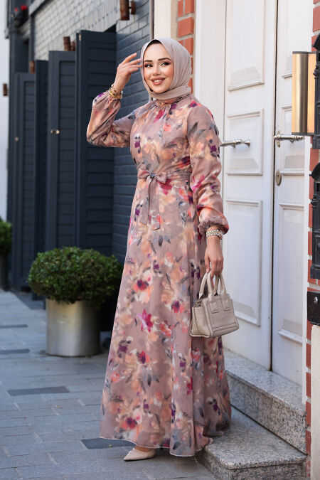 Modest Camel Floral Dress 27987C - NEVA STYLE