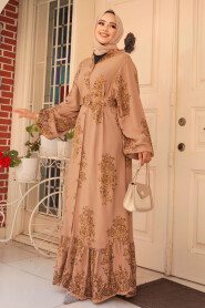 Modest Camel Floral Long Dress 19481C 