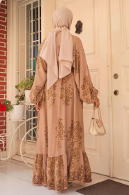 Modest Camel Floral Long Dress 19481C - 3