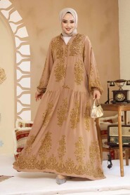 Modest Camel Floral Long Sleeve Dress 18241C - 1