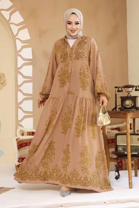 Modest Camel Floral Long Sleeve Dress 18241C - NEVA STYLE