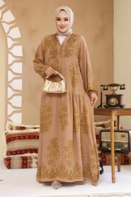 Modest Camel Floral Long Sleeve Dress 18241C - 3