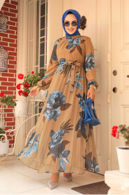 Modest Camel Floral Maxi Dress 34466C - 1