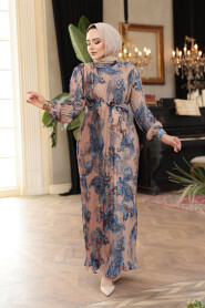 Modest Camel Floral Pleated Dress 23502C 