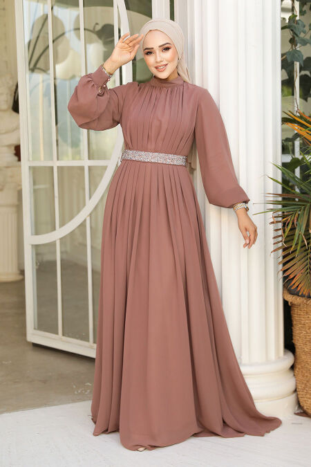 Modest Caramel Evening Dress 25888KRML - NEVA STYLE